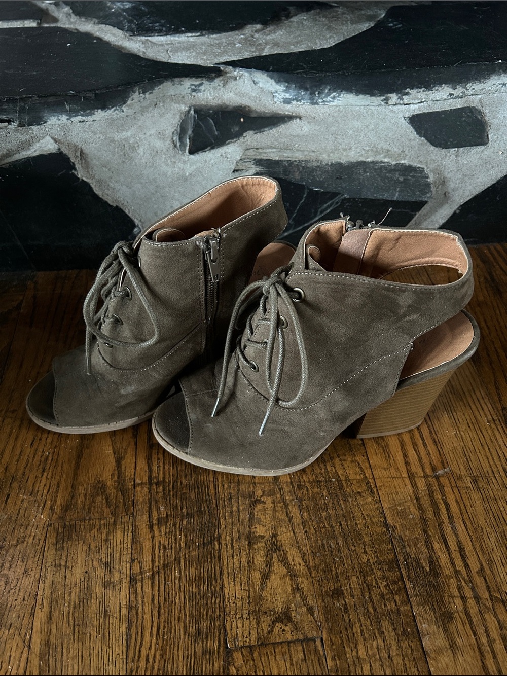 Qupid Taupe Suede Lace-Up Open-Toe Block Heel Mules